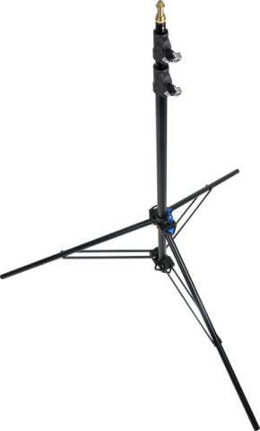 KUPO 080AC 8" Midi Click Stand with Air Cushion, musta säädettävä kolmijalkainen kolmijalkainen jalusta, jossa on kolme ulosvedettävää jalkaa ja keskitanko valaisulaitteiden tueksi, on esillä tavallisella, vaalealla pohjalla.