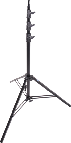800q-01_119303 Kupo 195S Baby Kit Stand with Square Legs on musta säädettävä kolmella ulosvedettävällä jalalla ja useilla korkeussäätökiinnikkeillä varustettu kolmijalkainen jalusta, joka on ihanteellinen kameroiden tai valojen tukemiseen, kuvassa vaaleanharmaalla pohjalla.