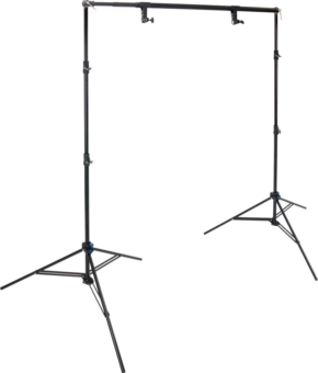The KUPO 223K Background Paper Stand Set is a portable black stand with two adjustable tripods and a horizontal crossbar designed for holding photographic backgrounds or backdrops.
