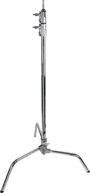 800q-01_119325 Hopeanvärisessä KUPO CL-20M 20" Master C-Stand With Sliding Leg & Quick-Release -jalustassa on keskitanko, kaksi säätönuppia ja kolme kulmikasta jalkaa, jotka on esitetty valkoisella pohjalla.