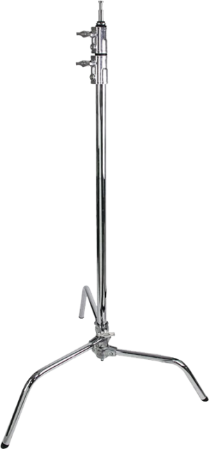 800q-01_119325 Hopeanvärisessä KUPO CL-20M 20" Master C-Stand With Sliding Leg & Quick-Release -jalustassa on keskitanko, kaksi säätönuppia ja kolme kulmikasta jalkaa, jotka on esitetty valkoisella pohjalla.