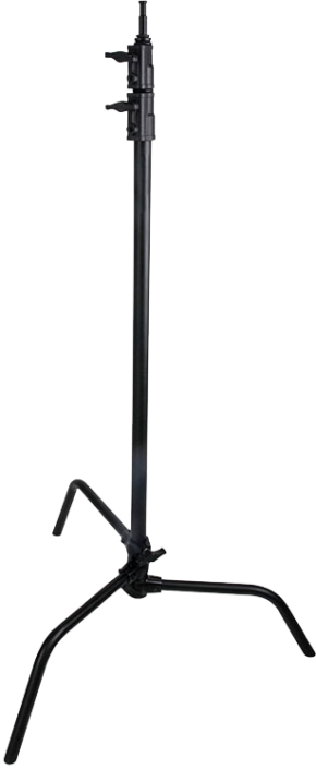 800q-01_119326 KUPO CL-20MB 20" Master C-Stand With Sliding Leg & Quick-Release - Black on kestävä metallinen valoteline, jossa on kolme kulmikasta jalkaa ja säädettävä korkeus, ihanteellinen studiovalaistuksen tukemiseen valokuvauksessa tai elokuva-asetuksissa. Tasainen neutraali tausta.