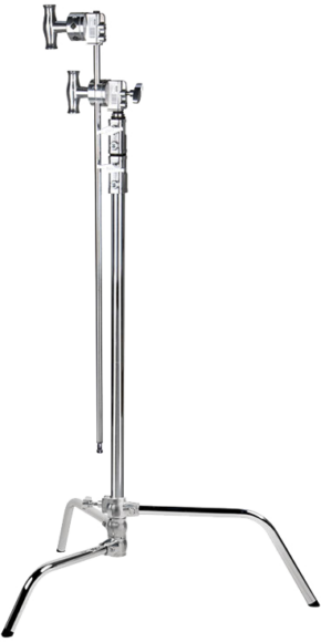 800q-01_119331 Hopeanvärisessä KUPO CL-30MK 30" Master C-Stand With Sliding Leg Kit & Quick Release -jalustassa on kolme jalkaa ja säädettävät varret, jotka sopivat erinomaisesti valaistuslaitteiden tai taustojen turvalliseen pitämiseen valokuvaus- ja elokuvastudioissa.