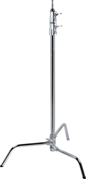 800q-01_119333 Kupo CL-40M 40" Master C-Stand With Sliding Leg & Quick-Release System - Silver on tukeva metallinen jalusta, jossa on korkea keskitanko ja kaksi jalkaa, ihanteellinen valaisimien tai laitteiden turvalliseen pitämiseen valokuvauksessa ja elokuvatuotannossa.