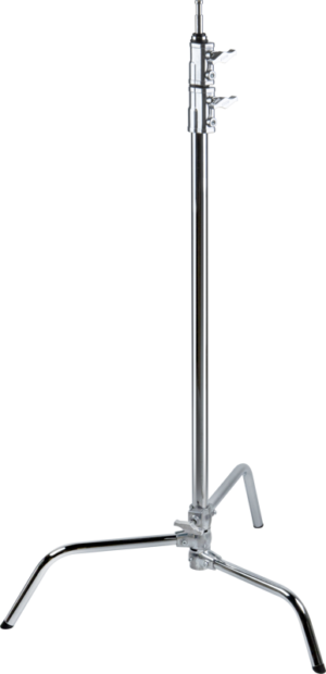 800q-01_119333 Kupo CL-40M 40" Master C-Stand with Sliding Leg & Quick-Release System - Silver is a sturdy metal stand with a tall centre pole and two legs, ideal for securely holding lights or equipment in photography and film production.