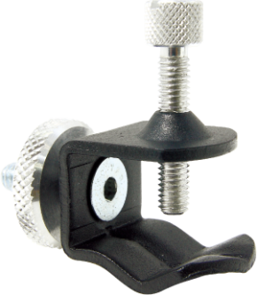 Close-up of the KUPO KCP-330 Tiny Clamp with 1/4"-20" male, black metal and plastic body, silver screw with knob and grooved grip area for attaching objects.