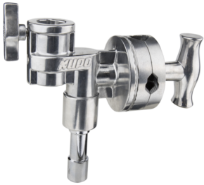 The Kupo KCP-450 4-1/2" Grip Head with Junior Stud and Receiver is a silver-coloured, shiny metal head for attaching lighting or grip equipment in photography and film, with adjustable knobs and the Kupo trademark.