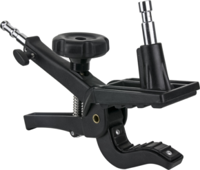 The KUPO KCP-500 Large Gaffer Grip is a black metal grip with a textured handle, adjustable knob and an adapter for attaching devices such as cameras or lights.