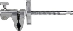 The Kupo KCP-600 4" Super Viser Clamp is a silver-coloured metal tool with a screw mechanism, clamp-like jaw, large knob and brushed handle used for holding objects securely in place or adjusting them.