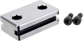 800q-01_119433 The KUPO KCP-700-PRM PSU Rail Mount Adapter for Convi Clamp is a shiny, rectangular metal bracket featuring two large holes and a groove in the centre, shown in the picture next to two black hexagon screws.