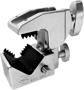 800q-01_119434 The KUPO KCP-701 Convi Clamp w/Teeth - Silver has serrated jaws, adjustment screws and a solid angled body that shows off its secure gripping mechanism and locking features.
