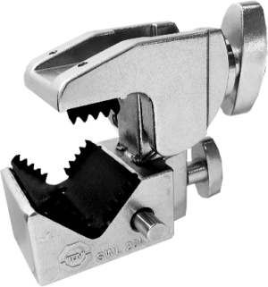 KUPO KCP-701 Convi Clamp w/Teeth - Silver -puristimessa on hammastetut leuat, säätöruuvit ja vankka kulmikas runko, jossa näkyy sen turvallinen tartuntamekanismi ja lukitusominaisuudet.