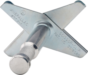 800q-01_119445 Kupo KD-CM16P Baby Drop Ceiling Adapter 5/8" on metallinen kääntöankkuri, jossa on jousikuormitetut siivet ja kierrepultti esineiden kiinnittämiseen onttoihin seiniin, ja siinä on valmistajan tiedot ja patenttinumerot.