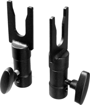 The KUPO KP-KS05 Paper Drive Baby Stand Adapter features two black metal brackets with U-shaped slots and side knobs designed to hold and adjust rods or tubes securely in place.
