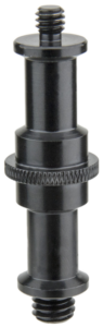 800q-01_119475 Kupo KS-017SB Universal 5/8" (16mm) Stud on musta, lieriömäinen metallisovitin, jossa on kierteitetyt päät ja kuvioitu keskikahva, joka on suunniteltu yhteensopivien komponenttien yhdistämiseen.