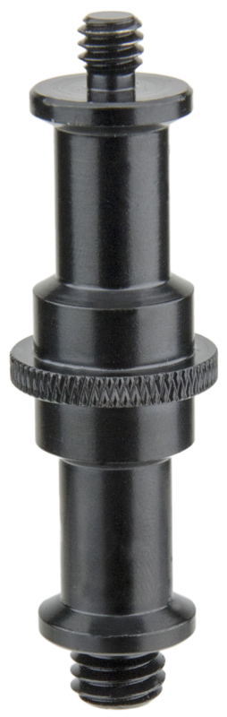 800q-01_119475 Kupo KS-017SB Universal 5/8" (16mm) Stud on musta, lieriömäinen metallisovitin, jossa on kierteitetyt päät ja kuvioitu keskikahva, joka on suunniteltu yhteensopivien komponenttien yhdistämiseen.
