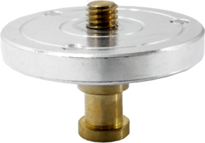 Close-up of the Kupo KS-023 3/8''-16mm ball-head mounting plate, featuring a threaded screw at the top and a brass 5/8'' pin connector, ideal for mounting cameras, lights or similar equipment.