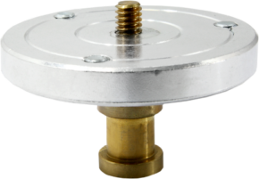Kupo KS-024 1/4'' Head Mounting Plate with 5/8'' includes a round metal plate with a flat silver top, a central threaded screw, three edge screws and a short cylindrical brass base.