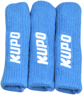 Three blue Kupo KS-0412R stand foot protectors (3 pieces) with "KUPO" embroidered in white, vertically side by side against a plain background.