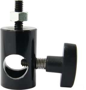 Kupo KS-060 16mm Socket with 1/4" Thread on musta metallinen puristin, jossa on lieriömäinen runko, säädettävä kierteitetty pultti, jossa on kuusiomutteri yläosassa, suuri sivuruuvikahva kiristämistä varten ja pyöreä aukko keskellä.