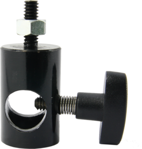 800q-01_119505 Kupo KS-060 16mm Socket with 1/4" Thread on musta metallinen puristin, jossa on lieriömäinen runko, säädettävä kierteitetty pultti, jossa on kuusiomutteri yläosassa, suuri sivuruuvikahva kiristämistä varten ja pyöreä aukko keskellä.