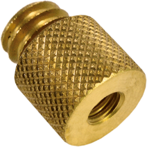 800q-01_119508 Close-up of the Kupo KS-063 3/8''-16 male to 1/4-20''' female adapter, featuring a brass ring body with a threaded section at one end and a brushed finish at the other, smaller threaded section for connecting equipment components.