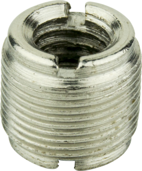 Close-up of the Kupo KS-067 3/8'' female to 5/8''-27 male screw microphone adapter with metal threads and slots for secure, reusable connections between audio reproduction devices.