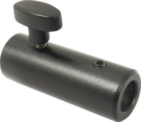 The Kupo KS-070 Double Female Adapter 5/8" is a black metal tube with a side hole and a large, flat, T-shaped clamping knob, designed for the secure connection of rods or posts.
