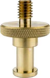800q-01_119518 Lähikuva Kupo KS-075 Adapter Stud to 3/8"-16 Thread, jossa näkyy sen nupukoitu kahva, kierteitetty yläosa ja sylinterimäinen messinkinen pohja vaaleaa taustaa vasten.