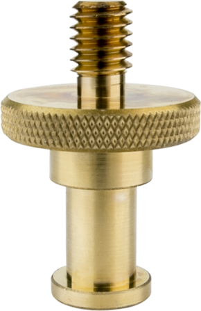 Close-up of Kupo KS-075 Adapter Stud to 3/8"-16 Thread, showing its knobbed handle, threaded top and cylindrical brass base against a light background.