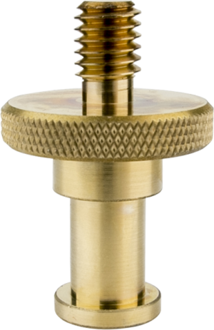800q-01_119518 Close-up of Kupo KS-075 Adapter Stud to 3/8"-16 Thread, showing its knobbed handle, threaded top and cylindrical brass base against a light background.