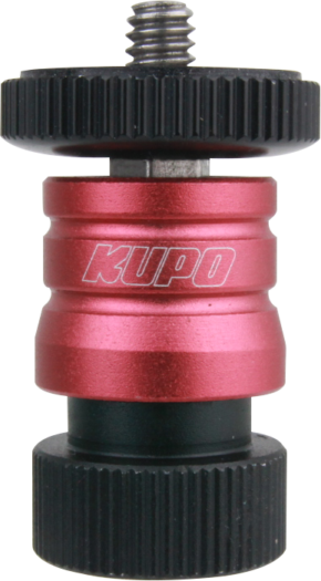Close-up of the red-black Kupo KS-085 quick release adapter 1/4"-20 male - female, with two textured round black knobs and a metal screw at the top, used for attaching or adjusting camera equipment.