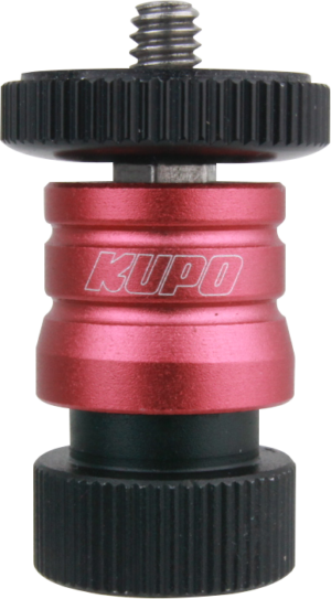 800q-01_119522 Close-up of the red-black Kupo KS-085 quick release adapter 1/4"-20 male - female, with two textured round black knobs and a metal screw at the top, used for attaching or adjusting camera equipment.