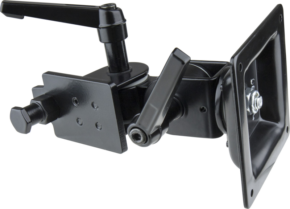 The Kupo KS-088 monitor arm with a hexagonal mounting plate features a black, adjustable metal bracket with two locking levers and a flat, rectangular plate for attaching devices or monitors to surfaces or stands.