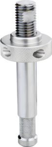 800q-01_119524 Lähikuva Kupo KS-091 5/8" Light Stud for 3 and 4 Way Clamps -valopultista, joka on metallinen, sylinterimäinen osa, jossa on kierteitetty yläosa, nupukoitu keskiosa, upotetut sivureiät ja kuvioitu kahva molemmissa päissä.