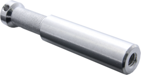 Close-up of Kupo KS-096 5/8'' screw with 3/8'' -16 thread with textured grip and smooth extension, on a light grey background.