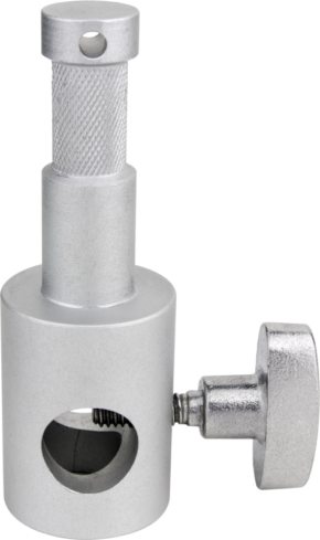 Close-up of the Kupo KS-098 adapter bolt with silver metal fastener with square cylindrical shaft, round adjustment knob and hole for fastening. Converts a 5/8 inch receiver to a 5/8 inch pin.