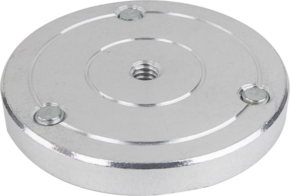 Kupo KS-122 Round Knob features a flat, silver metal disc with a 1/4"-20 threaded hole in the center and three evenly spaced rivets near the edge, shown against a plain background.