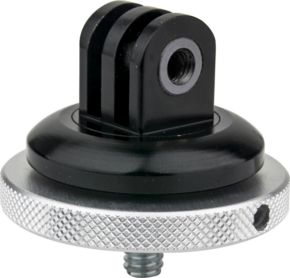 Lähikuva Kupo KS-124 Metal GoPro Tripod Mount -jalustakiinnikkeestä, jossa on 1/4"-20 uroskierre pohja ja kaksoiskierre yläosassa, ihanteellinen GoPro-kameroiden tai lisävarusteiden kiinnittämiseen.
