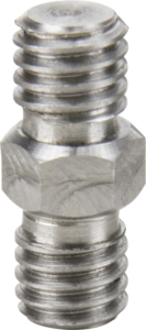 800q-01_119536 Lähikuva Kupo KS-128 3/8" M-3/8" M Adapter Spigot -metalliliittimestä, jossa on kuusikulmainen keskiö ja molemmissa päissä uroskierteet ja joka on suunniteltu putkien tai letkujen yhdistämiseen.