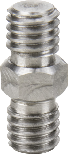 Close-up of the Kupo KS-128 3/8" M-3/8" M Adapter Spigot – a metal fitting with a hexagonal centre and male threads at both ends, designed for connecting pipes or hoses.