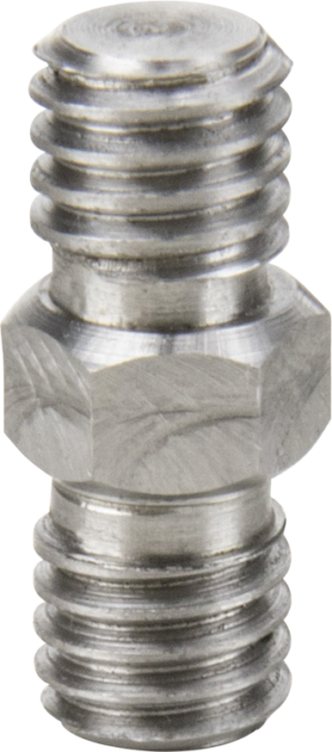 800q-01_119536 Lähikuva Kupo KS-128 3/8" M-3/8" M Adapter Spigot -metalliliittimestä, jossa on kuusikulmainen keskiö ja molemmissa päissä uroskierteet ja joka on suunniteltu putkien tai letkujen yhdistämiseen.