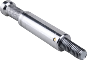 Close-up of the Kupo KS-129 5/8" pin with knobbed handle, smooth cylindrical body, 3/8"-16 male threaded head and small gold colored inlay near the base.
