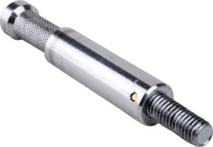 Lähikuva Kupo KS-129 5/8" -nastasta, jossa on nupukoitu kahva, sileä sylinterimäinen runko, 3/8"-16 uroskierteinen pää ja pieni kullanvärinen upotus lähellä pohjaa.