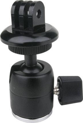 The Kupo KS-133 Gopro Tripod Mount with Ball Head Adapter is a black mount with a screw knob for angle adjustment, designed for mounting cameras or accessories on a tripod or other support.