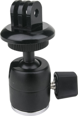 800q-01_119538 The Kupo KS-133 Gopro Tripod Mount with Ball Head Adapter is a black mount with a screw knob for angle adjustment, designed for mounting cameras or accessories on a tripod or other support.