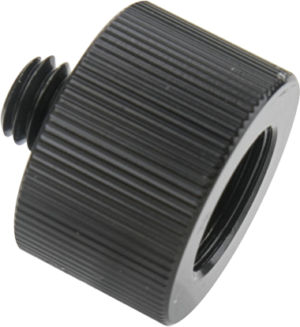 800q-01_119543 Kupo KS-139 is a black, cylindrical metal adapter with a ribbed surface and a 3/8"-16 male screw at one end and a 5/8"-27 female threaded hole at the other end, shown against a light background.