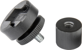 Close-up of the Kupo KS-143 Cold Shoe Mount With 1/4" Thread Screw and its separate corresponding threaded cover, both on a light background.