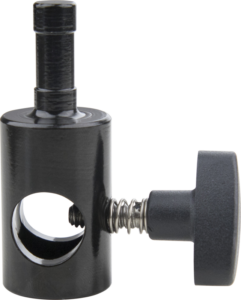 Lähikuva Kupo KS-144 5/8'' Baby Receiver to 3/8" Dia Stud -kiinnittimestä, jossa näkyy sen musta metallinen kiinnitin, sylinterimäinen runko, avoin pyöreä reikä, pystysuora tappi, sivunuppi, jossa on näkyvä jousi, vaaleaa taustaa vasten.