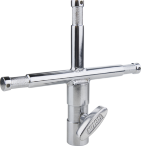 800q-01_119550 Kupo KS-148 3 Way 5/8" Baby Pin Adapter, jossa on hopeanvärinen metallirakenne ja kolme kiinnityspistettä, on esillä valkoista taustaa vasten.